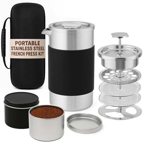 Small French Press Coffee Maker Set - 12 oz | Portable Travel French Press Coffee Maker | Double Wall Insulated with Dual Stainless Filters & 2 Steel Canisters for Grounds, Tea, Creamer & Sugar - My Kitchen Products
