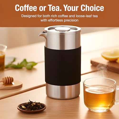 Small French Press Coffee Maker Set - 12 oz | Portable Travel French Press Coffee Maker | Double Wall Insulated with Dual Stainless Filters & 2 Steel Canisters for Grounds, Tea, Creamer & Sugar - My Kitchen Products