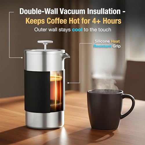 Small French Press Coffee Maker Set - 12 oz | Portable Travel French Press Coffee Maker | Double Wall Insulated with Dual Stainless Filters & 2 Steel Canisters for Grounds, Tea, Creamer & Sugar - My Kitchen Products