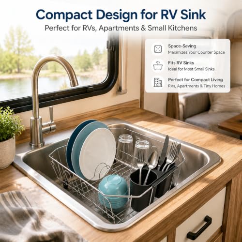 Small In Sink Dish Drying Rack, Stainless Steel Compact Dish Drainer with Removable Utensil Holder & 8 Cup Hooks, Rust-Resistant Rack for RV, Camper, Apartment & Small Kitchen, 11.6"W x 13.4"L, Silver - My Kitchen Products