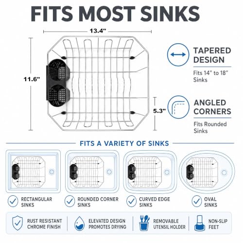 Small In Sink Dish Drying Rack, Stainless Steel Compact Dish Drainer with Removable Utensil Holder & 8 Cup Hooks, Rust-Resistant Rack for RV, Camper, Apartment & Small Kitchen, 11.6"W x 13.4"L, Silver - My Kitchen Products