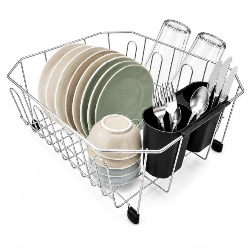 Small In Sink Dish Drying Rack, Stainless Steel Compact Dish Drainer with Removable Utensil Holder & 8 Cup Hooks, Rust-Resistant Rack for RV, Camper, Apartment & Small Kitchen, 11.6"W x 13.4"L, Silver - My Kitchen Products