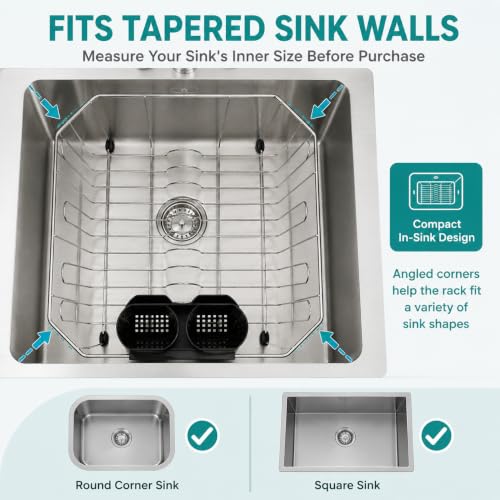 Small In Sink Dish Drying Rack, Stainless Steel Compact Dish Drainer with Removable Utensil Holder & 8 Cup Hooks, Rust-Resistant Rack for RV, Camper, Apartment & Small Kitchen, 11.6"W x 13.4"L, Silver - My Kitchen Products
