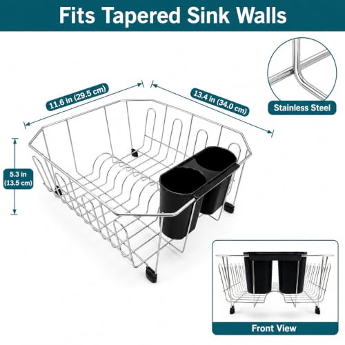 Small In Sink Dish Drying Rack, Stainless Steel Compact Dish Drainer with Removable Utensil Holder & 8 Cup Hooks, Rust-Resistant Rack for RV, Camper, Apartment & Small Kitchen, 11.6"W x 13.4"L, Silver - My Kitchen Products
