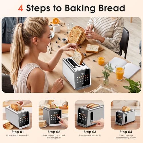 Smart Toaster 2 Slice with Touchscreen, 900W Stainless Steel Wide Slot 1.5 Inch, BreadID Tech Live Countdown Timer, Memory Function, Defrost Reheat for Bagel Waffle Bread, Kitchen Essentials - My Kitchen Products