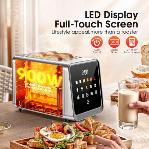 Smart Toaster 2 Slice with Touchscreen, 900W Stainless Steel Wide Slot 1.5 Inch, BreadID Tech Live Countdown Timer, Memory Function, Defrost Reheat for Bagel Waffle Bread, Kitchen Essentials - My Kitchen Products