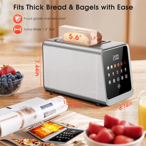 Smart Toaster 2 Slice with Touchscreen, 900W Stainless Steel Wide Slot 1.5 Inch, BreadID Tech Live Countdown Timer, Memory Function, Defrost Reheat for Bagel Waffle Bread, Kitchen Essentials - My Kitchen Products