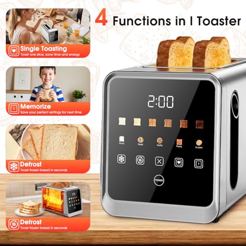 Smart Toaster 2 Slice with Touchscreen, 900W Stainless Steel Wide Slot 1.5 Inch, BreadID Tech Live Countdown Timer, Memory Function, Defrost Reheat for Bagel Waffle Bread, Kitchen Essentials - My Kitchen Products
