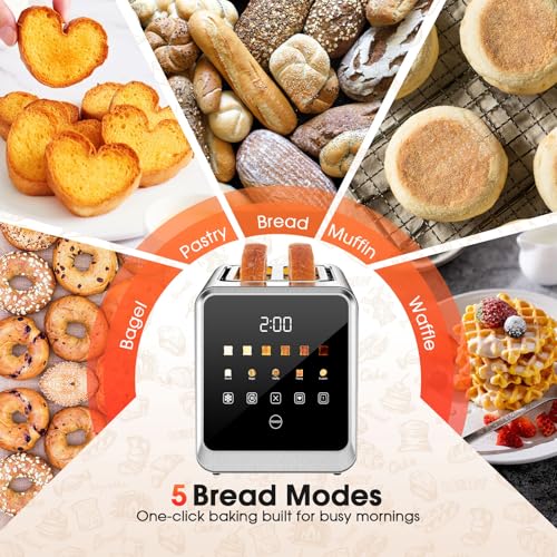 Smart Toaster 2 Slice with Touchscreen, 900W Stainless Steel Wide Slot 1.5 Inch, BreadID Tech Live Countdown Timer, Memory Function, Defrost Reheat for Bagel Waffle Bread, Kitchen Essentials - My Kitchen Products