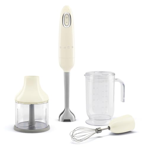 SMEG Handheld Immersion Blender with Beaker, Chopping Bowl w/Lid, Wire Whisk, 5 Speed Controls, made with Stainless Steel Blades and Ergonomic Design (Cream) - My Kitchen Products