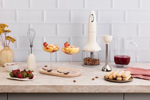 SMEG Handheld Immersion Blender with Beaker, Chopping Bowl w/Lid, Wire Whisk, 5 Speed Controls, made with Stainless Steel Blades and Ergonomic Design (Cream) - My Kitchen Products