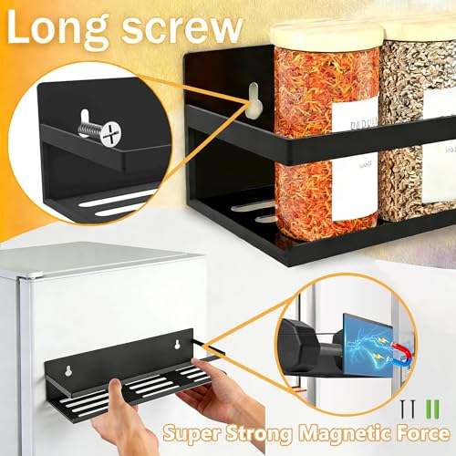 SMRCAD Metal Magnetic Spice Rack for Refrigerator, 4 pack Magnetic Shelf for Fridge Space Saving Seasoning Organizer for Any Metal Surface No Drilling Needed (BLACK -cut out, 4pack) - My Kitchen Products