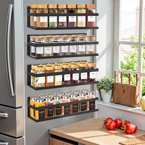 SMRCAD Metal Magnetic Spice Rack for Refrigerator, 4 pack Magnetic Shelf for Fridge Space Saving Seasoning Organizer for Any Metal Surface No Drilling Needed (BLACK -cut out, 4pack) - My Kitchen Products