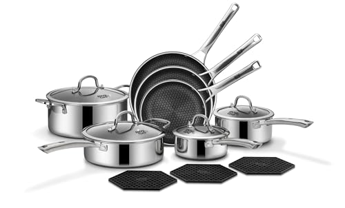 SNOWCLAD Pots and Pans Set Non Stick, 14 Pcs Hybrid Stainless Steel Cookware Sets, Non Stick Frying Pans, Saucepans, Saute Pan & Stock Pot, PFOA Free Kitchen Skillet,Induction Compatible - My Kitchen Products