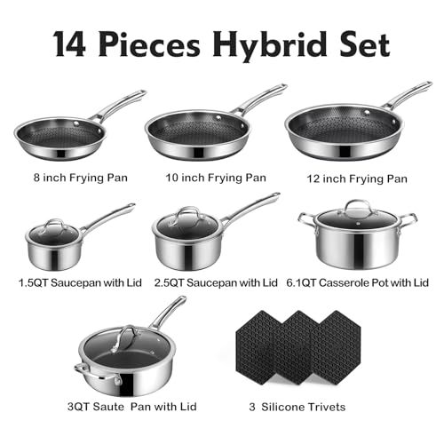 SNOWCLAD Pots and Pans Set Non Stick, 14 Pcs Hybrid Stainless Steel Cookware Sets, Non Stick Frying Pans, Saucepans, Saute Pan & Stock Pot, PFOA Free Kitchen Skillet,Induction Compatible - My Kitchen Products