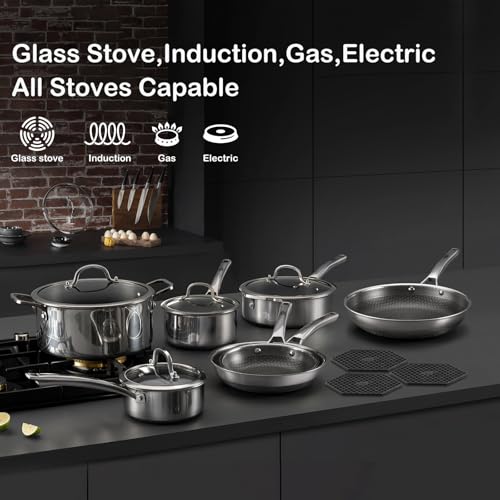 SNOWCLAD Pots and Pans Set Non Stick, 14 Pcs Hybrid Stainless Steel Cookware Sets, Non Stick Frying Pans, Saucepans, Saute Pan & Stock Pot, PFOA Free Kitchen Skillet,Induction Compatible - My Kitchen Products