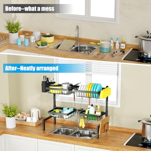 SNSLXH 4 Baskets 2-Tier Over The Sink Dish Drying Rack, 26.57"-35", Large Sink Rack for Kitchen, Extensible and Adjustable, Saving Kitchen Space - My Kitchen Products