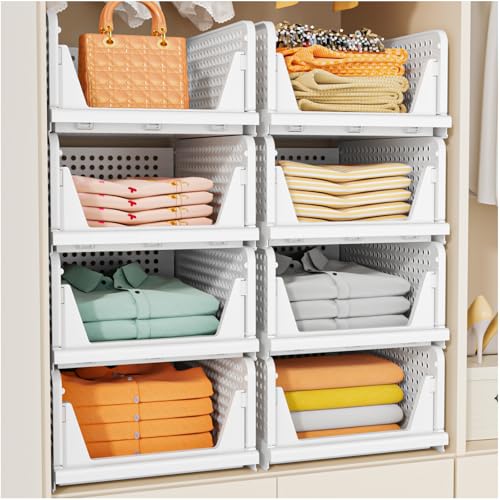 SNSLXH 5 Pack Stackable Closet Storage Basket, Multifunctional & Foldable Closet Organizer for Bathroom Kitchen Laundry Room Wardrobe Storage, Space-Saving Clothes Storage Drawer Organizer, White - My Kitchen Products