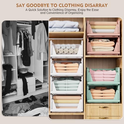 SNSLXH 5 Pack Stackable Closet Storage Basket, Multifunctional & Foldable Closet Organizer for Bathroom Kitchen Laundry Room Wardrobe Storage, Space-Saving Clothes Storage Drawer Organizer, White - My Kitchen Products