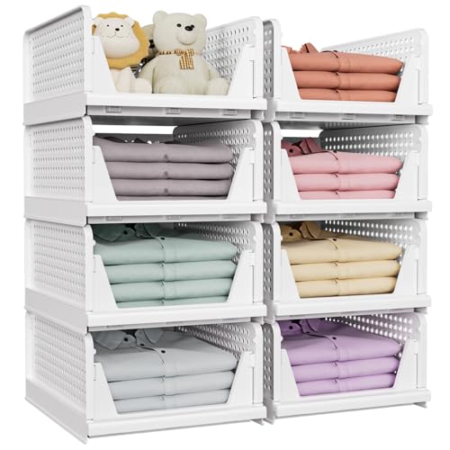 SNSLXH 5 Pack Stackable Closet Storage Basket, Multifunctional & Foldable Closet Organizer for Bathroom Kitchen Laundry Room Wardrobe Storage, Space-Saving Clothes Storage Drawer Organizer, White - My Kitchen Products