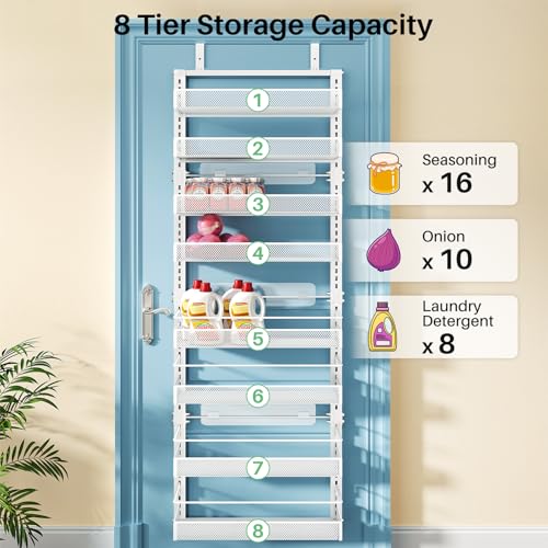 SNTD 8 Tiers Over the Door Organizer - Height Adjustable Pantry Organizers and Storage with Dense Mesh Baskets, Anti-Swing Hanging Door Spice Rack for Kitchen Bathroom (White, 17" W x 6" D x 69" H) - My Kitchen Products