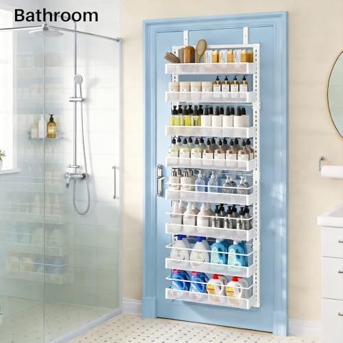 SNTD 8 Tiers Over the Door Organizer - Height Adjustable Pantry Organizers and Storage with Dense Mesh Baskets, Anti-Swing Hanging Door Spice Rack for Kitchen Bathroom (White, 17" W x 6" D x 69" H) - My Kitchen Products