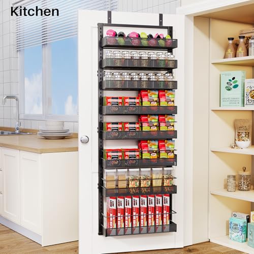 SNTD 8 Tiers Over the Door Organizer - Height Adjustable Pantry Organizers and Storage with Dense Mesh Baskets, Anti-Swing Hanging Door Spice Rack for Kitchen Bathroom (Black, 17" W x 6" D x 69" H) - My Kitchen Products