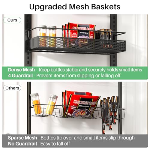 SNTD 8 Tiers Over the Door Organizer - Height Adjustable Pantry Organizers and Storage with Dense Mesh Baskets, Anti-Swing Hanging Door Spice Rack for Kitchen Bathroom (Black, 17" W x 6" D x 69" H) - My Kitchen Products