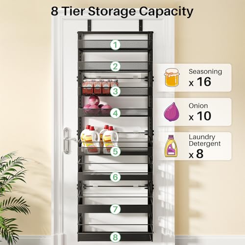 SNTD 8 Tiers Over the Door Organizer - Height Adjustable Pantry Organizers and Storage with Dense Mesh Baskets, Anti-Swing Hanging Door Spice Rack for Kitchen Bathroom (Black, 17" W x 6" D x 69" H) - My Kitchen Products