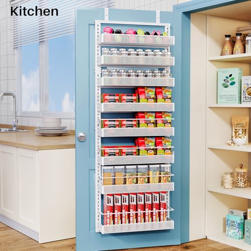 SNTD 8 Tiers Over the Door Organizer - Height Adjustable Pantry Organizers and Storage with Dense Mesh Baskets, Anti-Swing Hanging Door Spice Rack for Kitchen Bathroom (White, 17" W x 6" D x 69" H) - My Kitchen Products