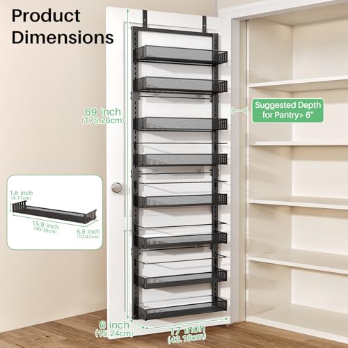 SNTD 8 Tiers Over the Door Organizer - Height Adjustable Pantry Organizers and Storage with Dense Mesh Baskets, Anti-Swing Hanging Door Spice Rack for Kitchen Bathroom (Black, 17" W x 6" D x 69" H) - My Kitchen Products