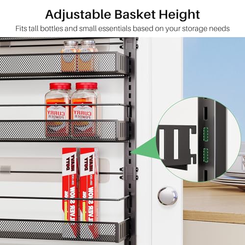 SNTD 8 Tiers Over the Door Organizer - Height Adjustable Pantry Organizers and Storage with Dense Mesh Baskets, Anti-Swing Hanging Door Spice Rack for Kitchen Bathroom (Black, 17" W x 6" D x 69" H) - My Kitchen Products