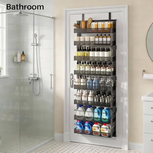 SNTD 8 Tiers Over the Door Organizer - Height Adjustable Pantry Organizers and Storage with Dense Mesh Baskets, Anti-Swing Hanging Door Spice Rack for Kitchen Bathroom (Black, 17" W x 6" D x 69" H) - My Kitchen Products