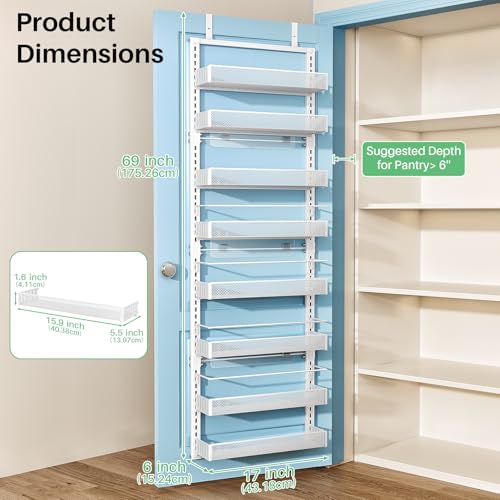 SNTD 8 Tiers Over the Door Organizer - Height Adjustable Pantry Organizers and Storage with Dense Mesh Baskets, Anti-Swing Hanging Door Spice Rack for Kitchen Bathroom (White, 17" W x 6" D x 69" H) - My Kitchen Products