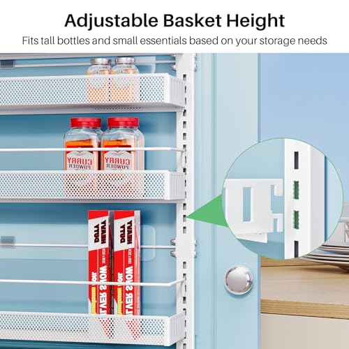 SNTD 8 Tiers Over the Door Organizer - Height Adjustable Pantry Organizers and Storage with Dense Mesh Baskets, Anti-Swing Hanging Door Spice Rack for Kitchen Bathroom (White, 17" W x 6" D x 69" H) - My Kitchen Products