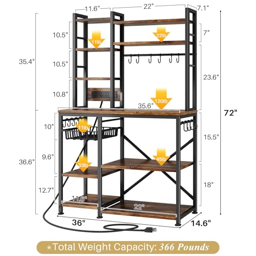 SNTD Baker Rack with Power Outlet - Microwave Stand with Storage, Large Coffee Bar Station with 14 Hooks, Metal Kitchen Shelf Rack for Spices, Pots (Rustic Brown) - My Kitchen Products