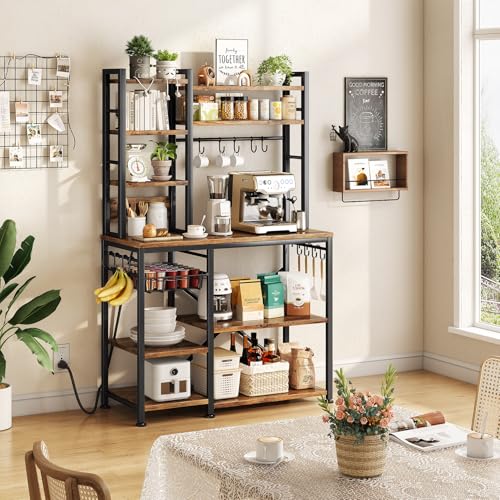 SNTD Baker Rack with Power Outlet - Microwave Stand with Storage, Large Coffee Bar Station with 14 Hooks, Metal Kitchen Shelf Rack for Spices, Pots (Rustic Brown) - My Kitchen Products