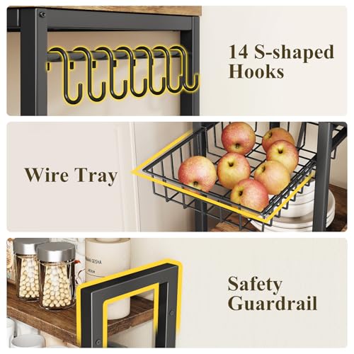 SNTD Baker Rack with Power Outlet - Microwave Stand with Storage, Large Coffee Bar Station with 14 Hooks, Metal Kitchen Shelf Rack for Spices, Pots (Rustic Brown) - My Kitchen Products