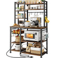SNTD Baker Rack with Power Outlet - Microwave Stand with Storage, Large Coffee Bar Station with 14 Hooks, Metal Kitchen Shelf Rack for Spices, Pots (Rustic Brown) - My Kitchen Products