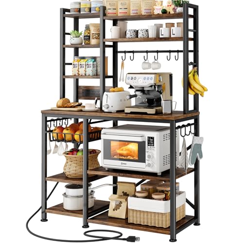 SNTD Baker Rack with Power Outlet - Microwave Stand with Storage, Large Coffee Bar Station with 14 Hooks, Metal Kitchen Shelf Rack for Spices, Pots (Rustic Brown) - My Kitchen Products