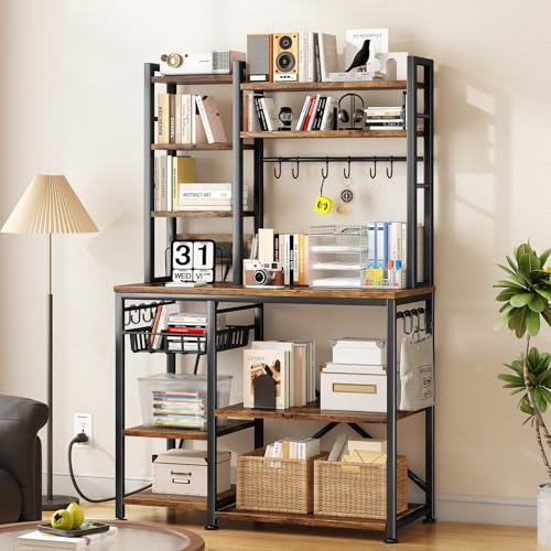SNTD Baker Rack with Power Outlet - Microwave Stand with Storage, Large Coffee Bar Station with 14 Hooks, Metal Kitchen Shelf Rack for Spices, Pots (Rustic Brown) - My Kitchen Products