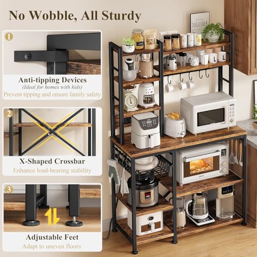 SNTD Baker Rack with Power Outlet - Microwave Stand with Storage, Large Coffee Bar Station with 14 Hooks, Metal Kitchen Shelf Rack for Spices, Pots (Rustic Brown) - My Kitchen Products