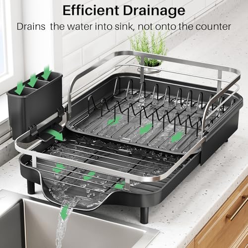 SNTD Dish Drying Rack, Expandable Dish Rack for Kitchen Counter, Stainless Steel Dish Drainer with Drainboard Set and Utensil Holder (Black) - My Kitchen Products