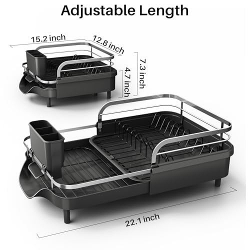 SNTD Dish Drying Rack, Expandable Dish Rack for Kitchen Counter, Stainless Steel Dish Drainer with Drainboard Set and Utensil Holder (Black) - My Kitchen Products