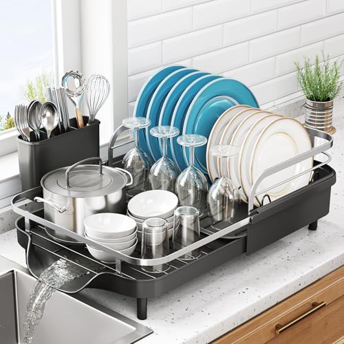 SNTD Dish Drying Rack, Expandable Dish Rack for Kitchen Counter, Stainless Steel Dish Drainer with Drainboard Set and Utensil Holder (Black) - My Kitchen Products