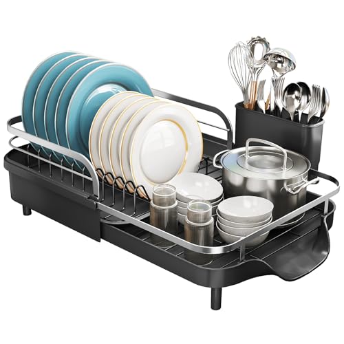 SNTD Dish Drying Rack, Expandable Dish Rack for Kitchen Counter, Stainless Steel Dish Drainer with Drainboard Set and Utensil Holder (Black) - My Kitchen Products