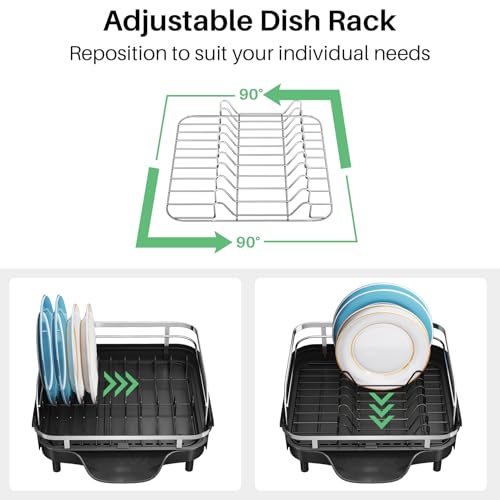 SNTD Dish Drying Rack, Expandable Dish Rack for Kitchen Counter, Stainless Steel Dish Drainer with Drainboard Set and Utensil Holder (Black) - My Kitchen Products