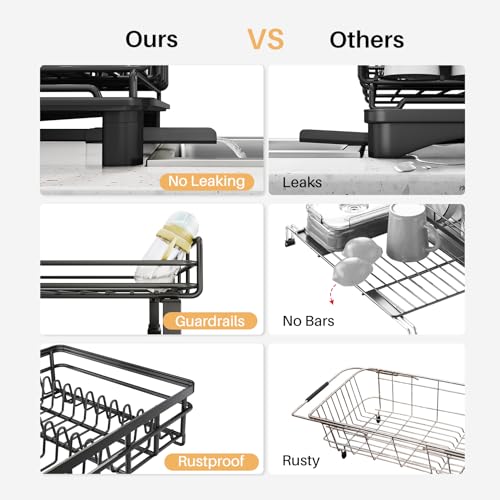 SNTD Dish Drying Rack - Extendable Dish Rack, Large Sink Drying Dish Drainer for Kitchen Counter, Stainless Steel Dish Strainer with Utensil Holder (Black) - My Kitchen Products