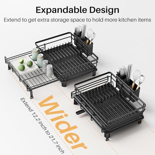 SNTD Dish Drying Rack - Extendable Dish Rack, Large Sink Drying Dish Drainer for Kitchen Counter, Stainless Steel Dish Strainer with Utensil Holder (Black) - My Kitchen Products