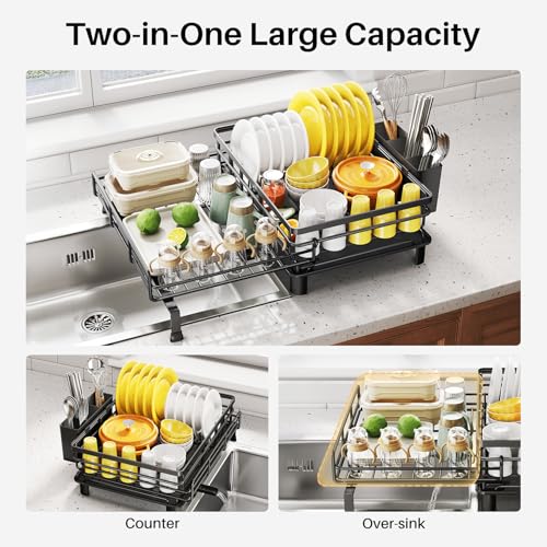 SNTD Dish Drying Rack - Extendable Dish Rack, Large Sink Drying Dish Drainer for Kitchen Counter, Stainless Steel Dish Strainer with Utensil Holder (Black) - My Kitchen Products